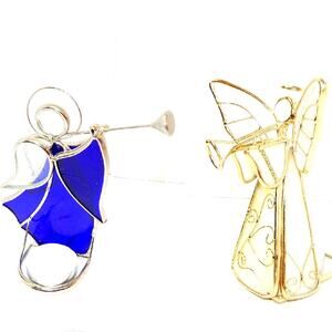 A Pair of Stained Glass Tea Light Trumpeting Angels